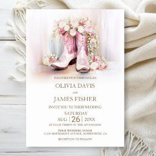 Pink Floral Cowgirl Boots Wedding  Invitation
