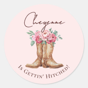 Pink Floral Cowgirl Gettin' Hitched Bachelorette Classic Round Sticker