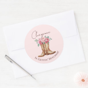 Pink Floral Cowgirl Gettin' Hitched Bridal Favour Classic Round Sticker