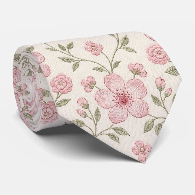 Pink Floral Cream Seamless Pattern with Soft Green Tie (Rolled)