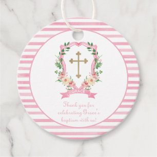 Pink Floral Crest Baptism Thank You Favour Tags
