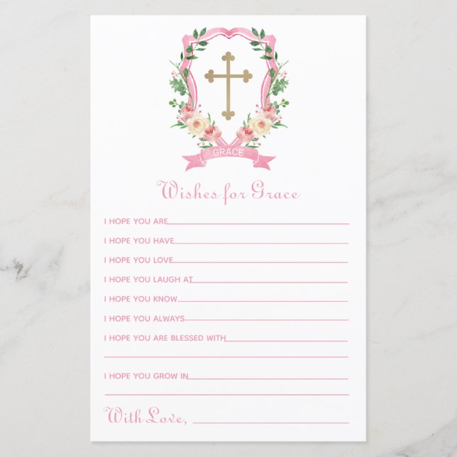 Pink Floral Crest Baptism Wishes for Baby (Front)