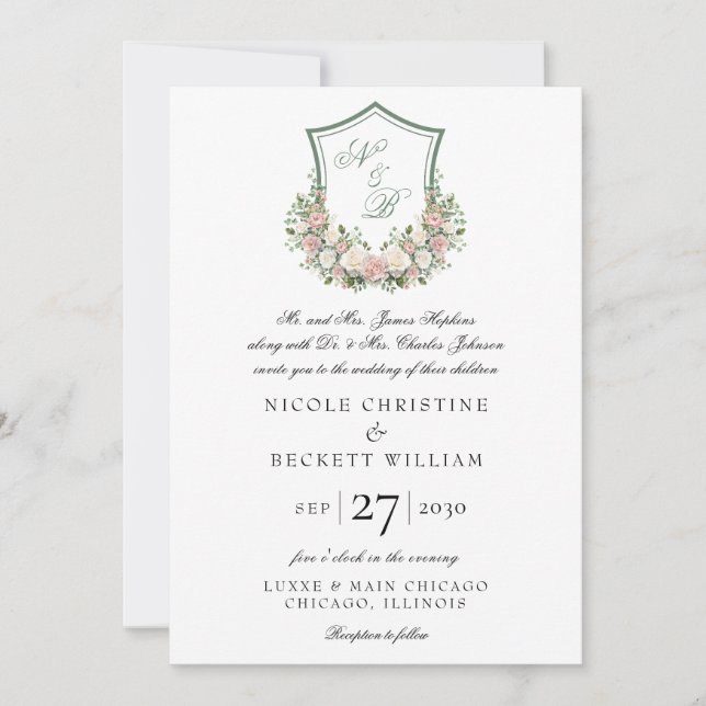 Pink Floral Crest Invitation (Front)
