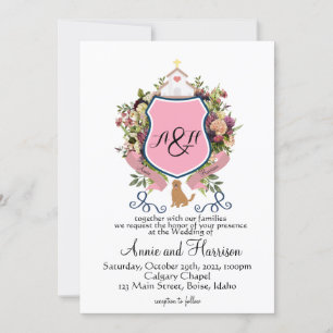 Pink Floral Crest Monogram Golden Retriever Invitation