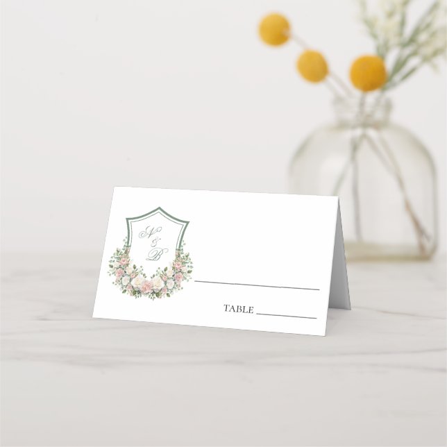 Pink Floral Crest Place Card (Front)