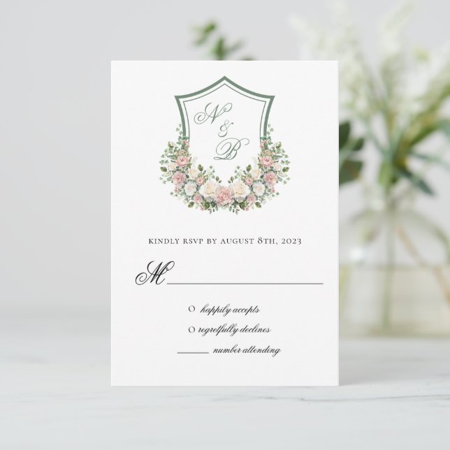 Pink Floral Crest RSVP Card (Standing Front)