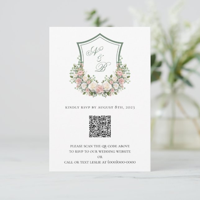 Pink Floral Crest RSVP Card (Standing Front)