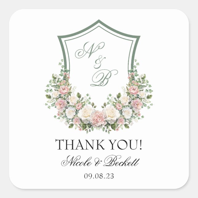 Pink Floral Crest Square Sticker (Front)