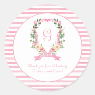 Pink Floral Crest Thank You Classic Round Sticker