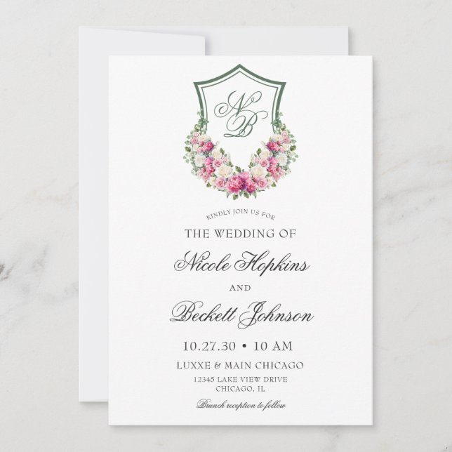 Pink Floral Crest Wedding Invitation (Front)