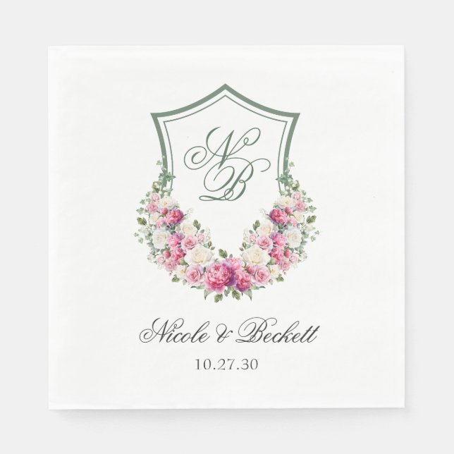 Pink Floral Crest Wedding Napkin (Front)