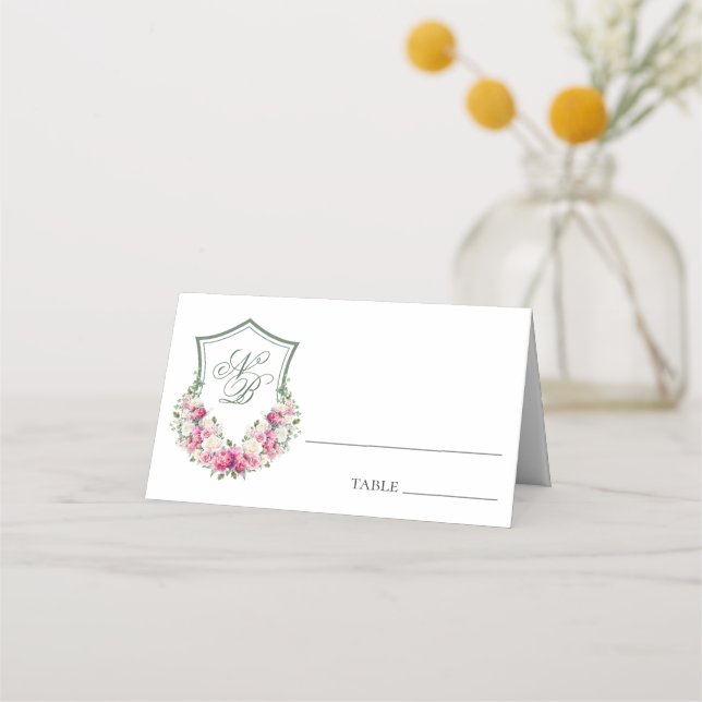 Pink Floral Crest Wedding Place Card (Front)