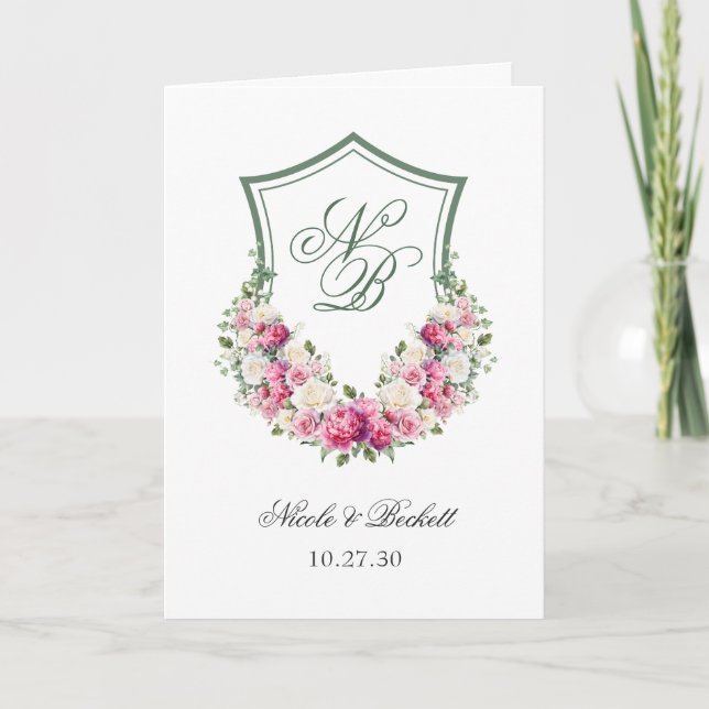 Pink Floral Crest Wedding Program Programme (Front)