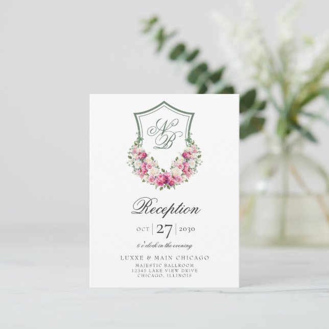 Pink Floral Crest Wedding Reception Enclosure Card (Standing Front)