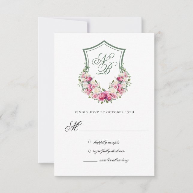 Pink Floral Crest Wedding Response Card (Front)