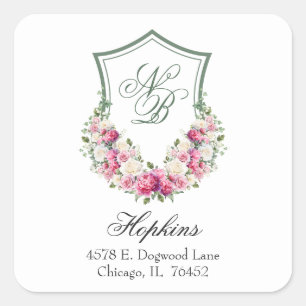 Pink Floral Crest Wedding Return Address Square Sticker