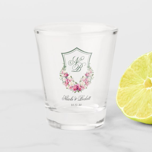 Pink Floral Crest Wedding Shot Glass (Front)