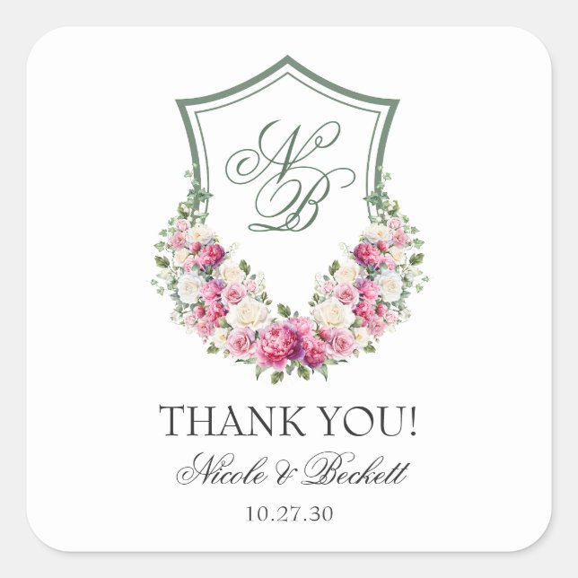 Pink Floral Crest Wedding Thank You Square Sticker (Front)