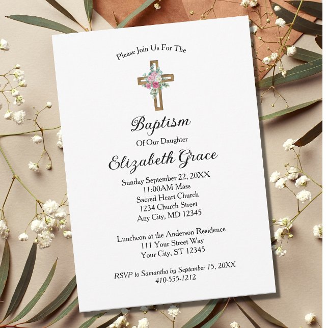 Pink Floral Cross Baptism Christening Invitation (Creator Uploaded)