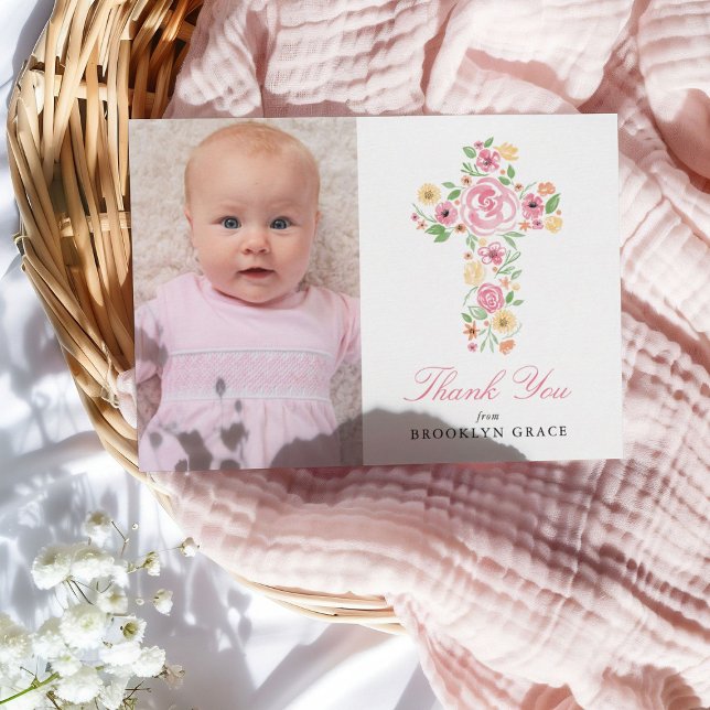 Pink Floral Cross Baptism / Christening Thank You Postcard (Creator Uploaded)