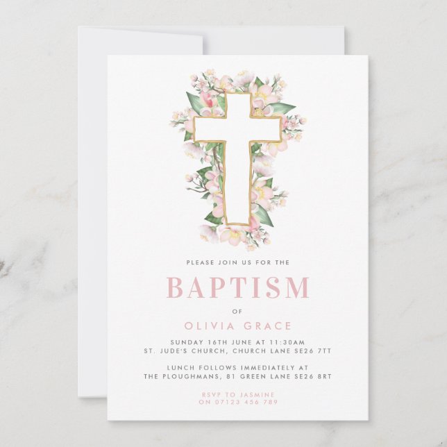 Pink Floral Cross Baptism Invitation (Front)