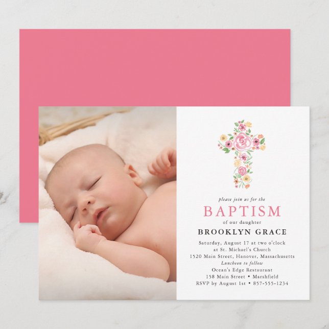 Pink Floral Cross Baptism Photo Invitation (Front/Back)