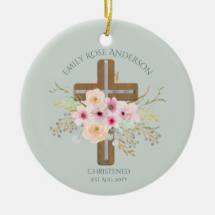 Pink Floral Cross Bouquet Girl Baptism Christening Ceramic Tree Decoration
