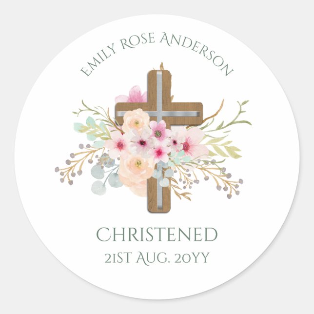 Pink Floral Cross Bouquet Girl Baptism Christening Classic Round Sticker (Front)