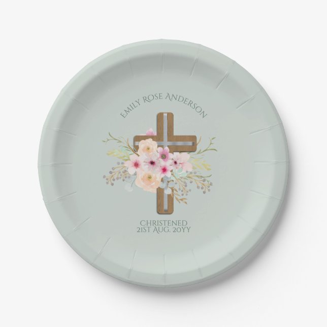 Pink Floral Cross Bouquet Girl Baptism Christening Paper Plate (Front)