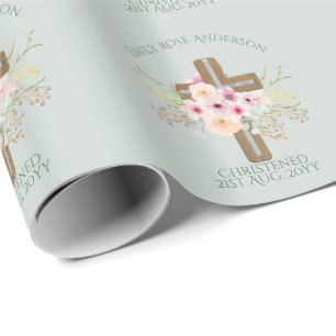 Pink Floral Cross Bouquet Girl Baptism Christening Wrapping Paper