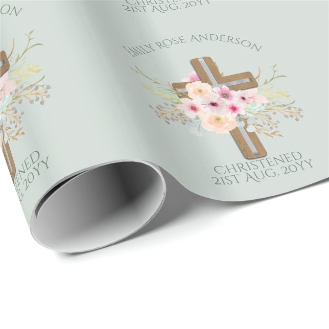 Pink Floral Cross Bouquet Girl Baptism Christening Wrapping Paper (Roll Corner)