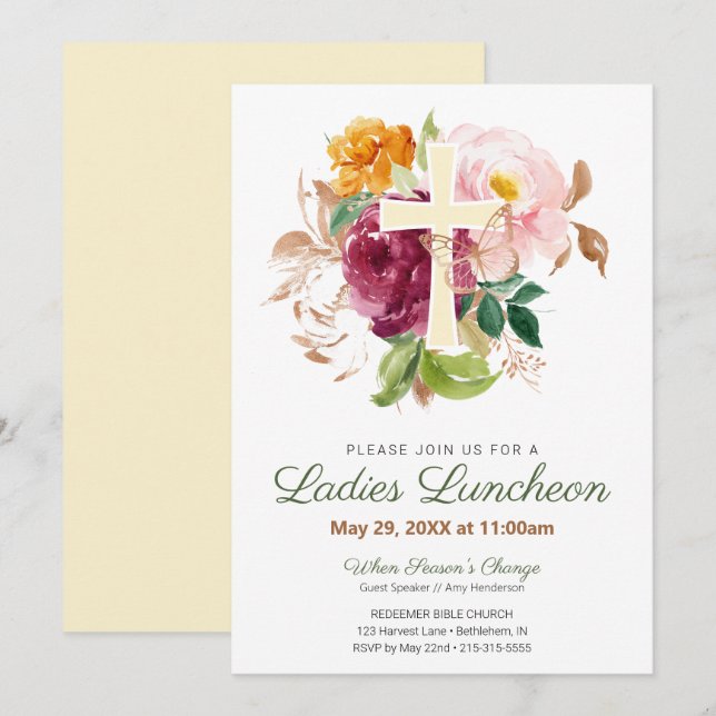 Pink Floral Cross Church Ladies Luncheon Invitation (Front/Back)
