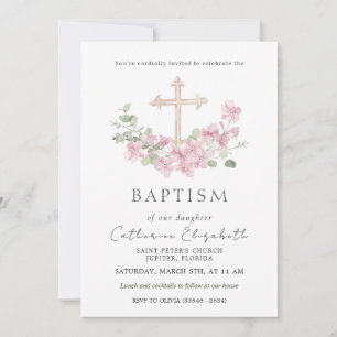 Pink Floral Cross Eucalyptus Leaves Baptism Invitation