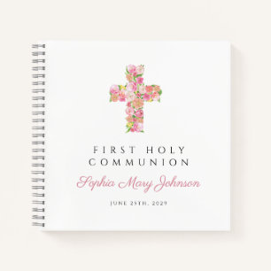 Pink Floral Cross First Communion Guestbook Notebook