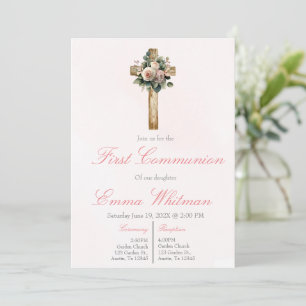Pink floral cross first communion invitation