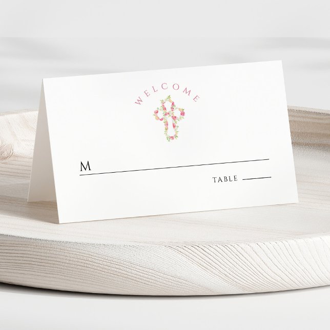 Pink Floral Cross First Communion  Place Card (Front - Pink Floral Cross First Communion Place Card)