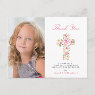 Pink Floral Cross First Holy Communion Thank You Postcard