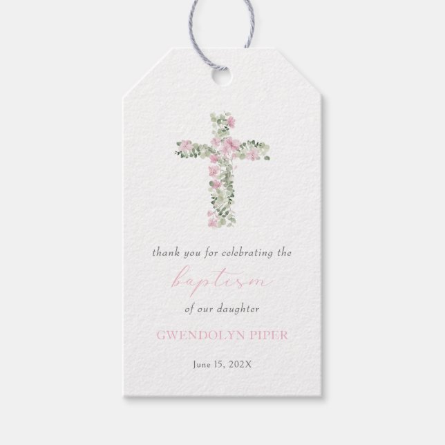 Pink Floral Cross Girl Baptism Favour Tag (Front)