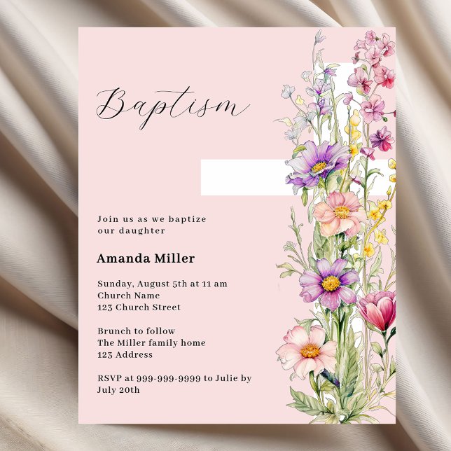 Pink floral cross girl Baptism invitation (Creator Uploaded)