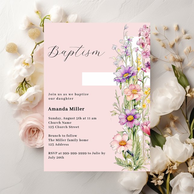 Pink floral cross girl Baptism Invitation (Creator Uploaded)