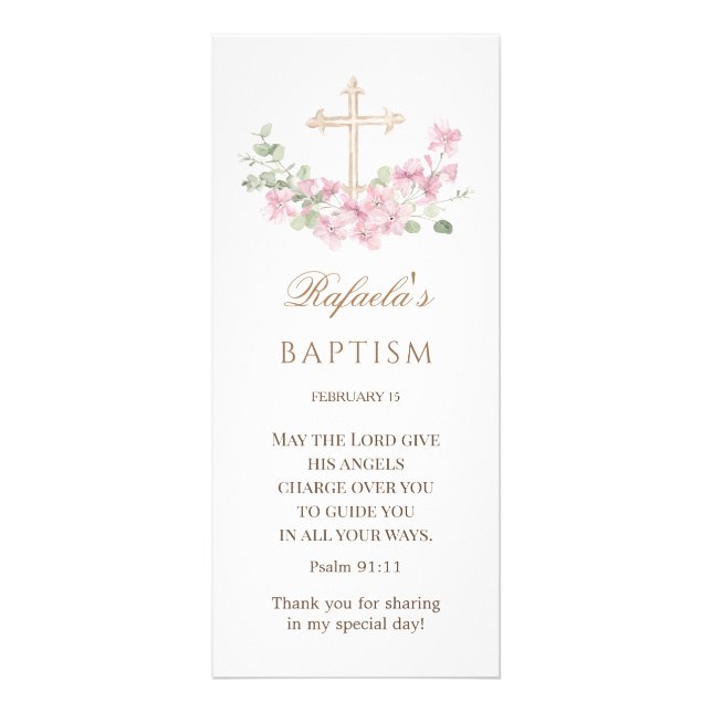 Pink Floral Cross Girl Baptism Rack Card (Front)