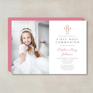 Pink Floral Cross Girl First Communion Photo Invitation