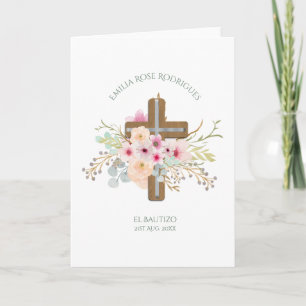 Pink Floral Cross Girls Bautizo Bautismo Baptism Card