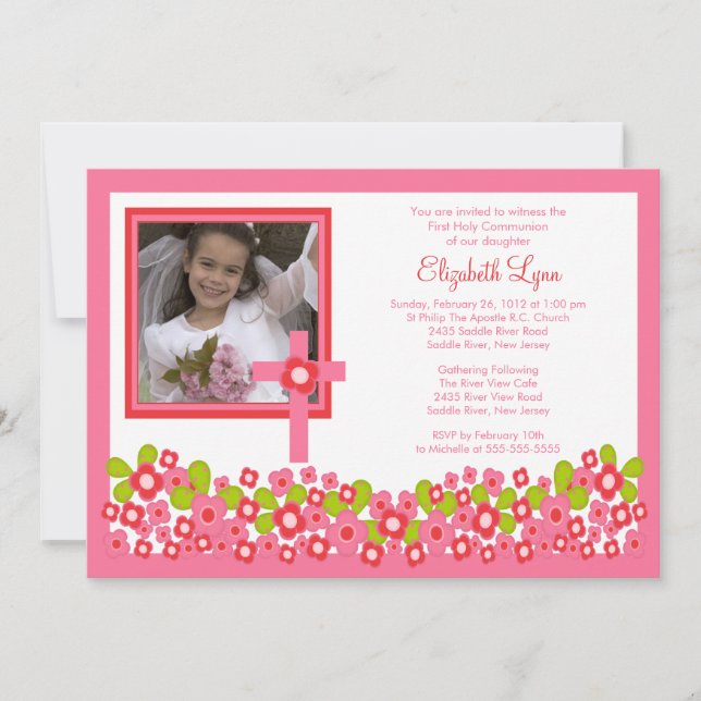 Pink Floral Cross Photo First Communion Inviation Invitation (Front)