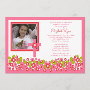 Pink Floral Cross Photo First Communion Inviation Invitation