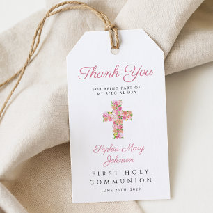 Pink Floral Cross Religious First Communion Gift Tags