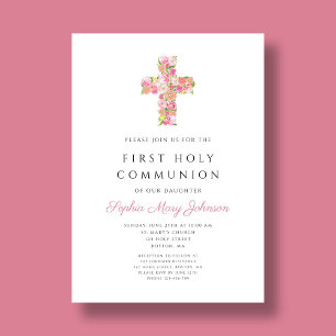 Pink Floral Cross Religious Girl First Communion Invitation