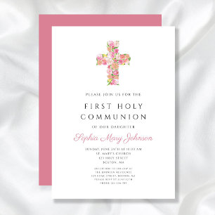Pink Floral Cross Religious Girl First Communion Invitation