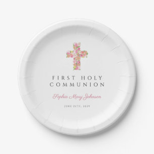 Pink Floral Cross Religious Girl First Communion Paper Plate