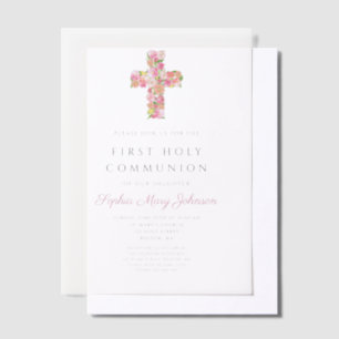 Pink Floral Cross Religious Girl First Communion Vellum Invitations